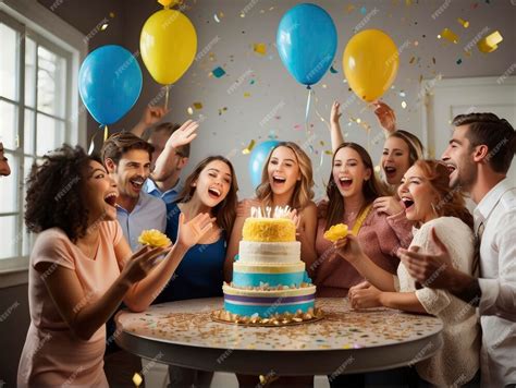 Personas riendo y celebrando con una tarta divertida