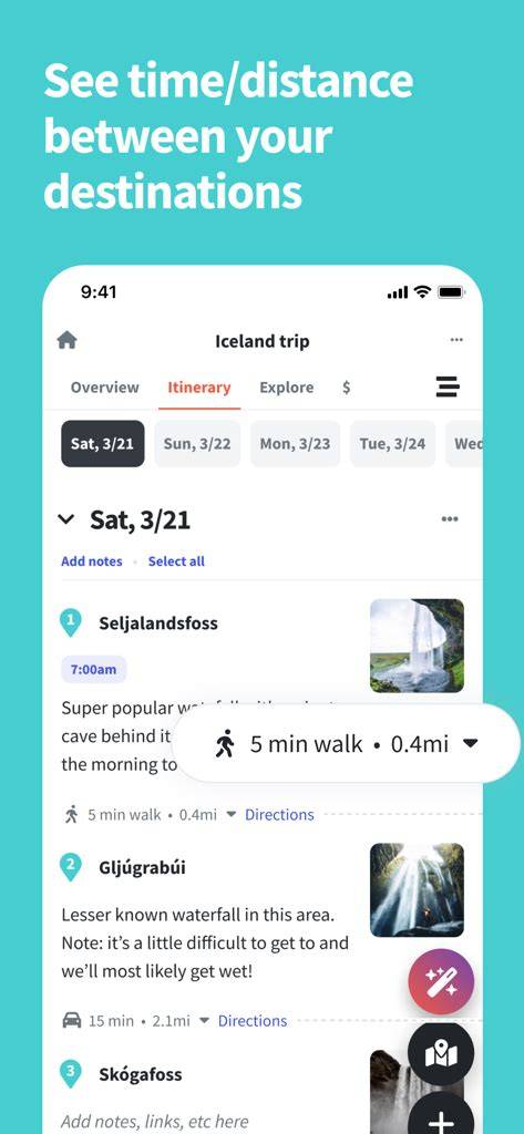 Interfaz de la aplicación Wanderlog mostrando un itinerario de viaje