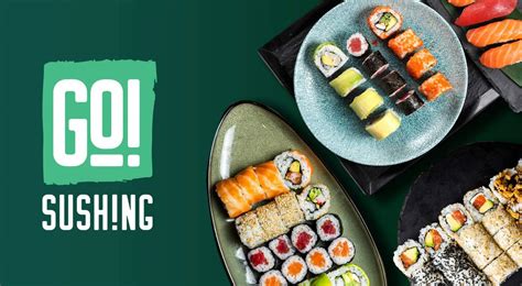 Variedad de sushi con el logo de GO! Sushing