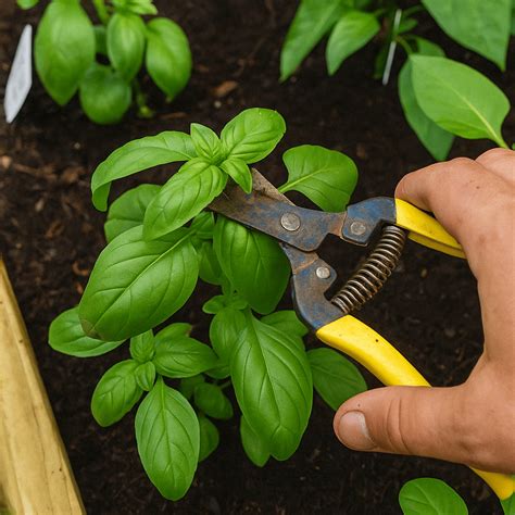 Esquema de poda de albahaca mostrando dónde pellizcar las hojas superiores