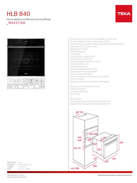 Infografía con las dimensiones y capacidad del horno Teka HA 830