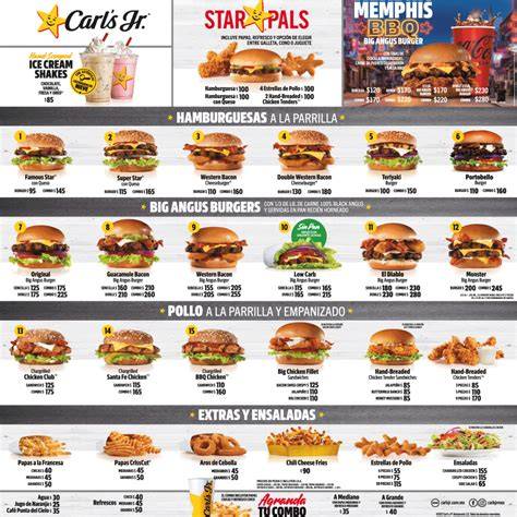 Menú de Carl's Jr. con hamburguesas y pollo