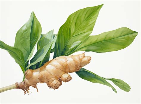 Ilustración de un rizoma de jengibre fresco con hojas verdes