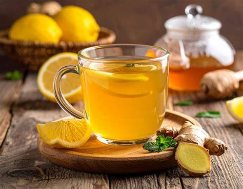 Taza de infusión de jengibre con rodajas de limón y miel