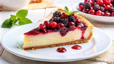Tarta de yogur decorada con frutos rojos y menta
