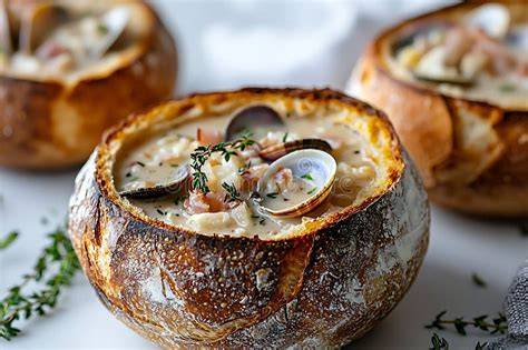 Plato de Clam Chowder servido en un bol de pan