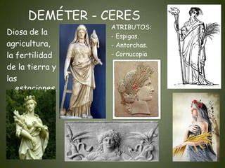 Atributos de Deméter: cetro, espigas, antorchas