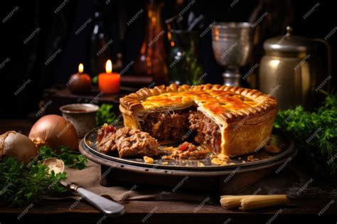 Pastel de carne y setas recién horneado, con la tapa dorada