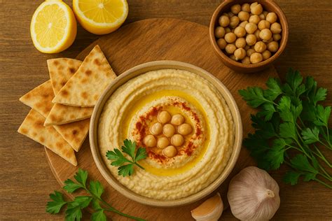 Ingredientes básicos para hummus: garbanzos, tahini, limón, ajo, aceite de oliva