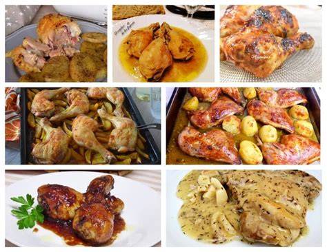 Variedad de platos con pollo asado