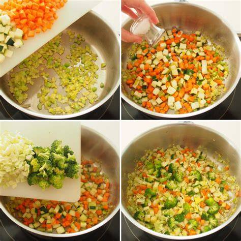 Proceso de sofrito de verduras para sopa