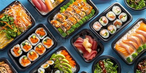 Variedad de bandejas de sushi fresco en Natural Sushi Bar