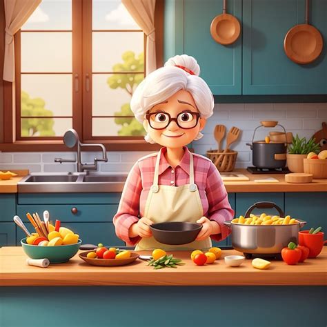 Imagen de una abuela cocinando sopa en una cocina tradicional