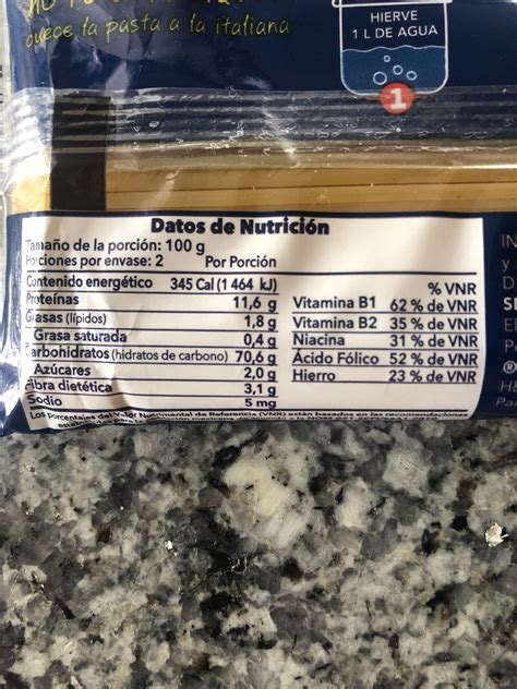 Tabla nutricional genérica de pasta