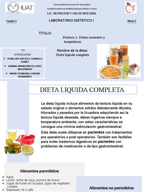 Variedad de alimentos líquidos permitidos en la dieta completa