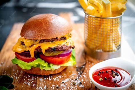 Hamburguesa con pan de ketchup y papas hilo
