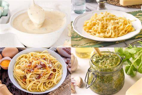 Variedad de platos de pasta fresca y salsas italianas