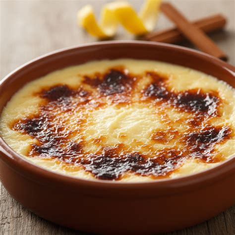 Crema catalana en recipiente de barro con azúcar caramelizado