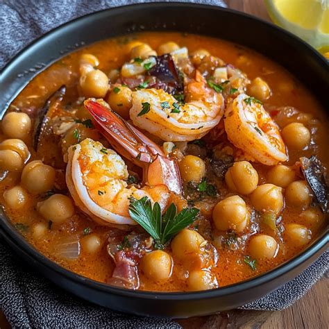 Plato terminado de guiso de garbanzos con marisco
