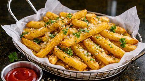 Patatas fritas crujientes preparadas en una freidora de aire