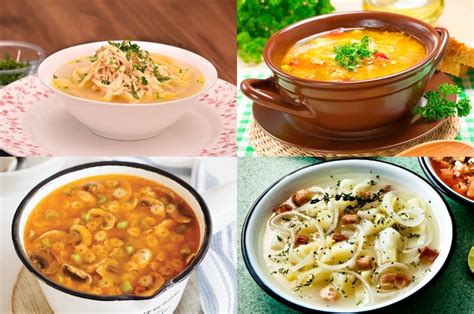 Variedad de sopas calientes con y sin pasta