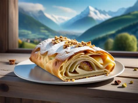 Strudel de manzana recién horneado espolvoreado con azúcar glas