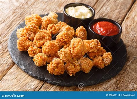 Variedad de salsas coloridas junto a palomitas de pollo