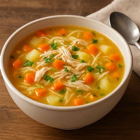 Mesa con ingredientes frescos para sopa de pollo y cebada: zanahorias, apio, cebolla, pollo, cebada, perejil