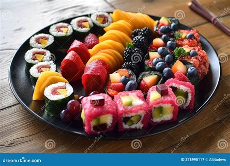 Plato de sushi creativo con frutas y salsas