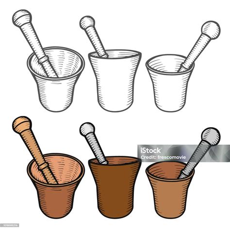 Ilustración de un mortero antiguo con ingredientes para gazpacho