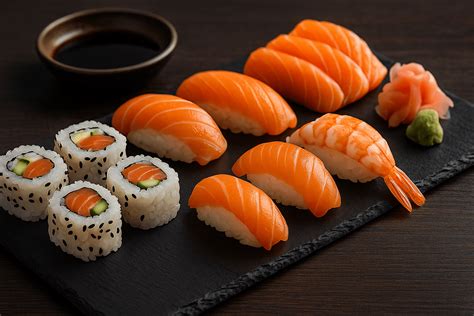 Composición de nigiris, makis y sashimis