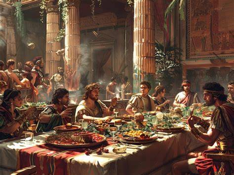 Representación de un banquete romano con diversas ensaladas