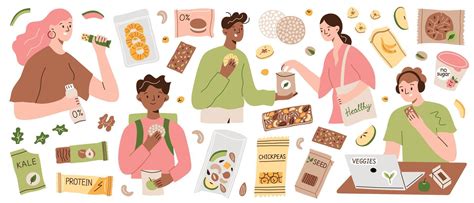 Ilustración de personas comiendo snacks y comida para llevar