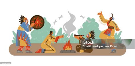 Ilustración de nativos americanos preparando maíz sobre fuego
