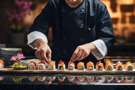 Personal de un restaurante japonés sirviendo sushi