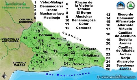 Mapa de la comarca de la Axarquía, Málaga