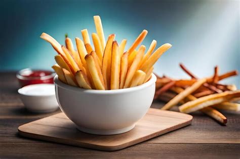 Papas fritas en un tazón con salsas