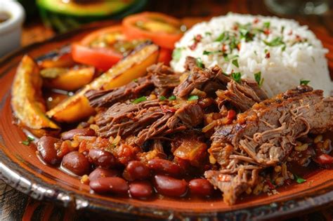 Plato de ropa vieja con arroz y frijoles