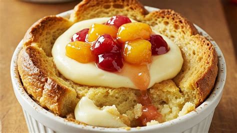 Budín de pan decorado con frutas y crema