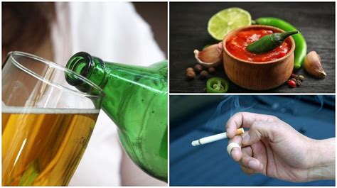 Ilustración de irritantes bucales: alcohol, tabaco, alimentos picantes