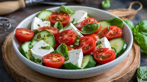 Ensalada fresca de acelga, pepino y queso feta en un bol de madera