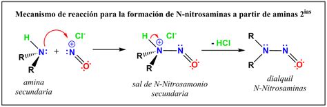 Esquema de la formación de nitrosaminas a partir de nitritos y aminas