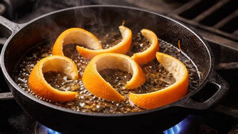 Sartén con aceite caliente y cáscara de naranja