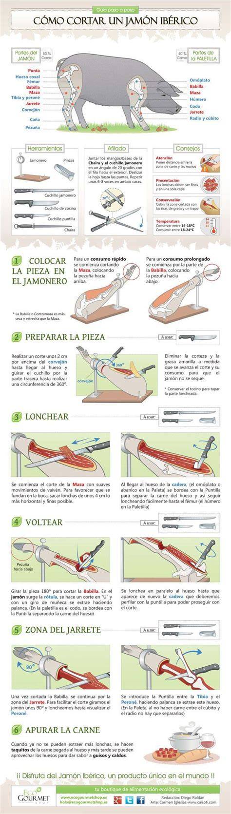 Infografía sobre cómo cortar correctamente un jamón.