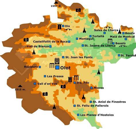 Mapa de la comarca de La Garrotxa mostrando la zona volcánica