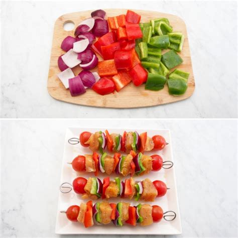 proceso de montaje de brochetas con pimientos y cebolla