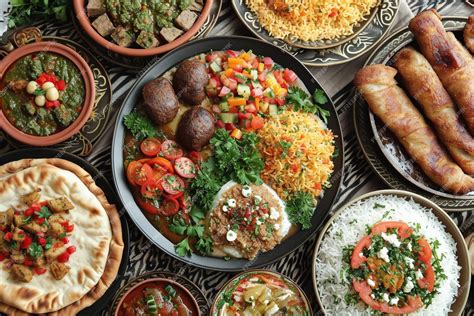 Variedad de platos de la cocina árabe con verduras