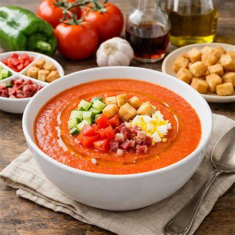 Gazpacho servido con guarniciones
