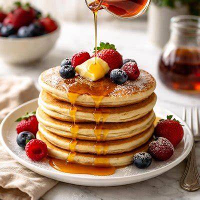 Panqueques clásicos apilados con sirope y frutas