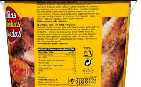 Tabla nutricional aproximada de alitas de pollo barbacoa